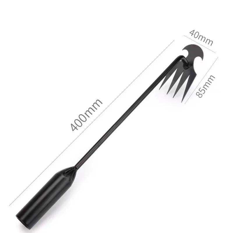 A black multifunctional hand weeder tool with a long handle and a pronged tip.