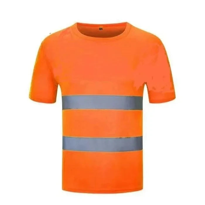 Orange high visibility fluorescent work shirt with reflective gray stripes