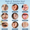 A collection of stainless steel piercing needles for various body piercings including nostril, ear lobe, lip, septum, tongue,