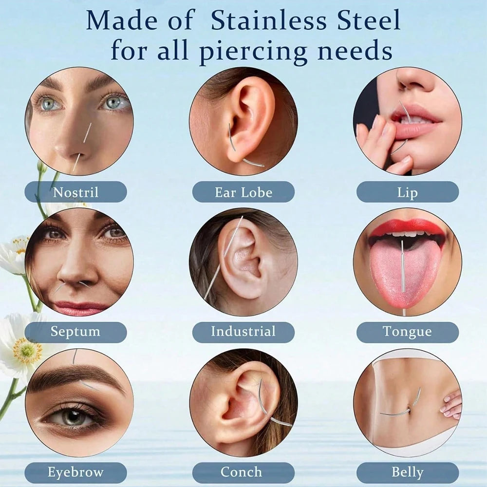 A collection of stainless steel piercing needles for various body piercings including nostril, ear lobe, lip, septum, tongue,