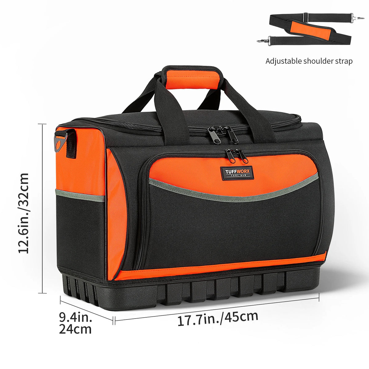 Black and orange heavy duty open top tool organizer bag with an adjustable shoulder strap