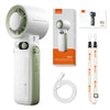 A white portable handheld turbo fan with a green accent, shown next to its charging cable and packaging.