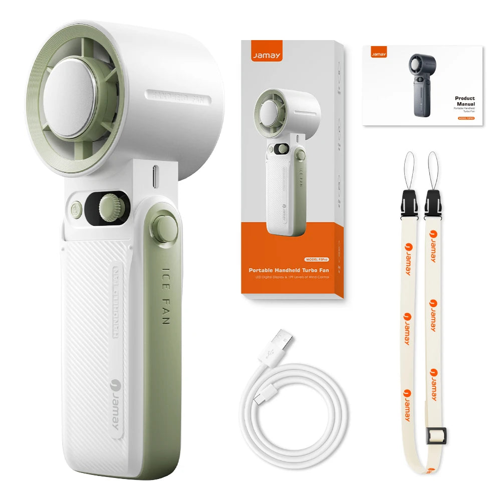 A white portable handheld turbo fan with a green accent, shown next to its charging cable and packaging.