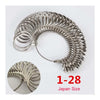 A coiled precision stainless steel ring sizer gauge kit with 28 rings shown against a white background.