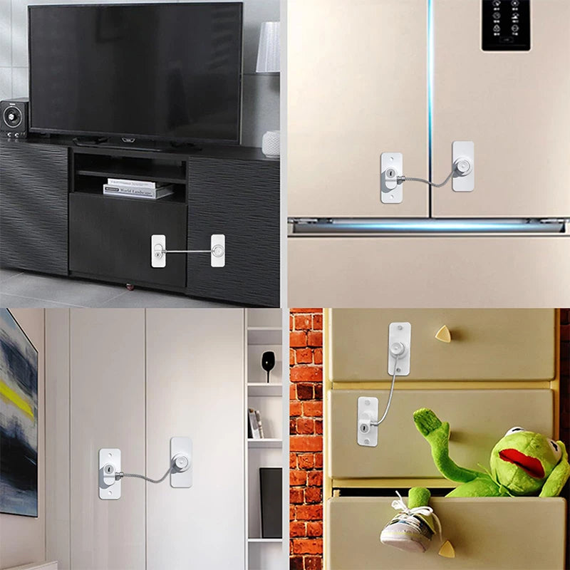 A collection of modern safety locks and hardware for doors and cabinets, including a black TV cabinet, a light beige refriger