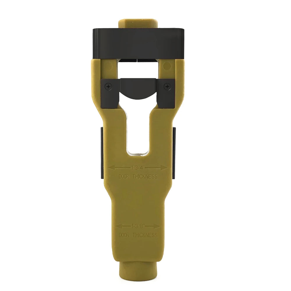 A yellow and black door latch mortise installation tool kit with a clamp and a handle.