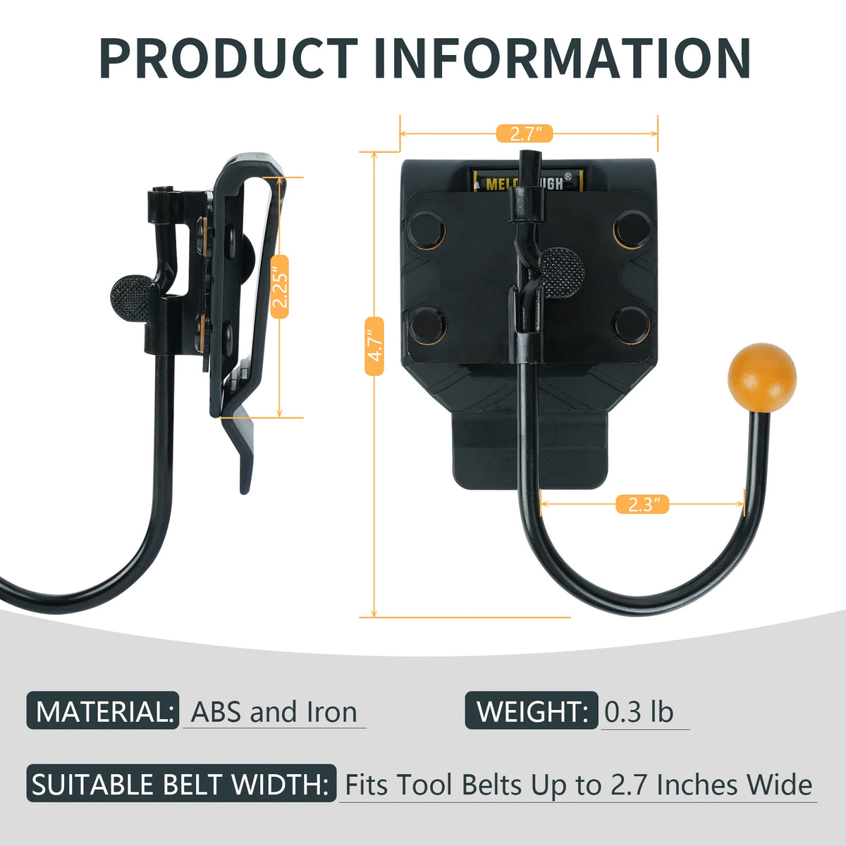 A black heavy-duty tool belt hook and holster with a flexible cord, made of ABS and iron.