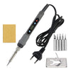 A precision digital soldering iron with a cable and tip, along with a soldering iron tip and cleaning plate.