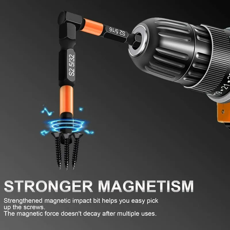 A close-up view of a magnetic impact drill bit set with an orange and black handle and a blue magnetic tip.