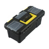 Organizador de caja de herramientas de plástico negro con inserto amarillo y paneles solares transparentes.