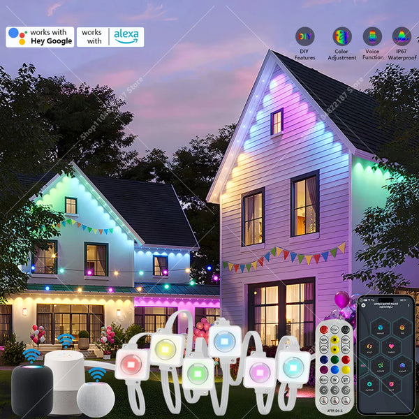 Permanent outdoor RGBIC eave lights with remote control illuminating a house facade at dusk.