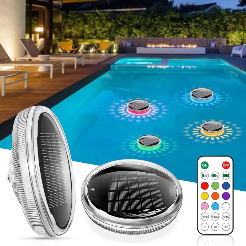 A silver solar floating pool light device and a round metal light fixture are shown in an outdoor pool setting.