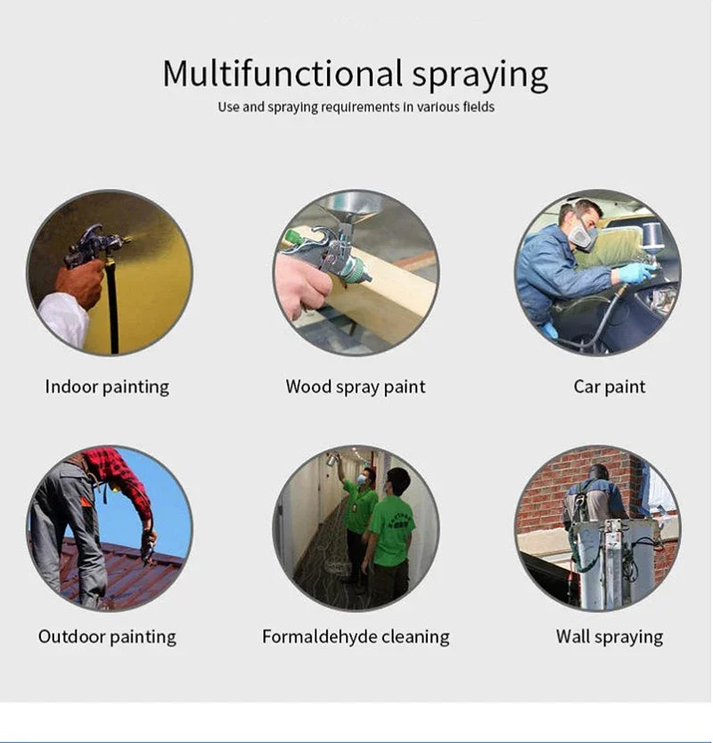 A collection of images showing the multifunctional spraying capabilities of a paint sprayer gun for indoor painting, wood spr