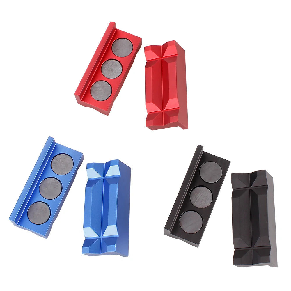 Set of five red and blue aluminum magnetic vise jaw inserts for fitting protection