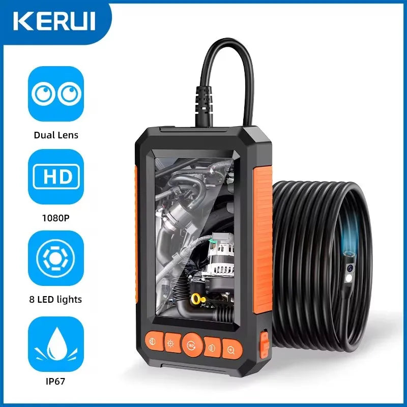 An orange and black industrial borescope inspection camera with a dual lens and LED lights.