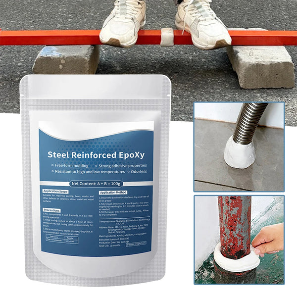 A white powder package of Steel Reinforced Epoxy putty for crack repair shown next to shoes and a metal rod.
