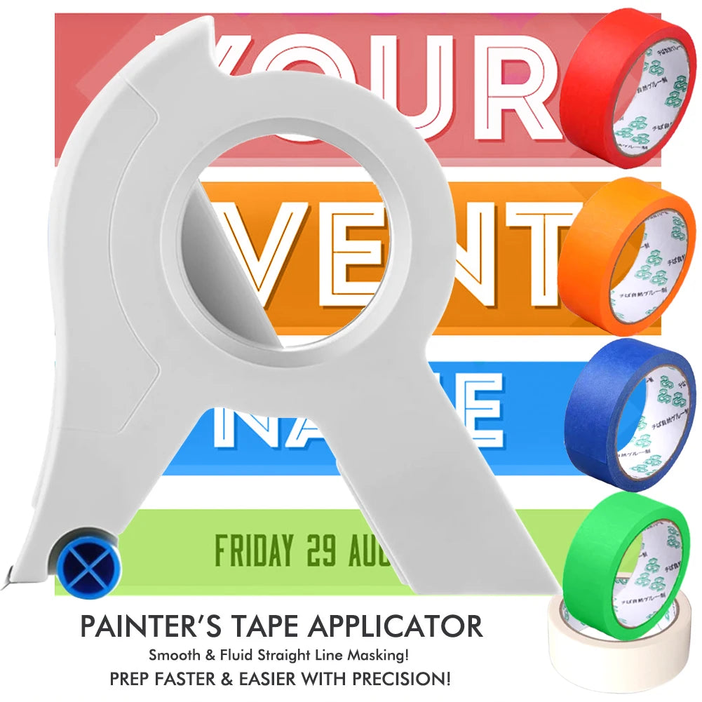 A white painter's tape applicator tool shown with rolls of masking tape in various colors.
