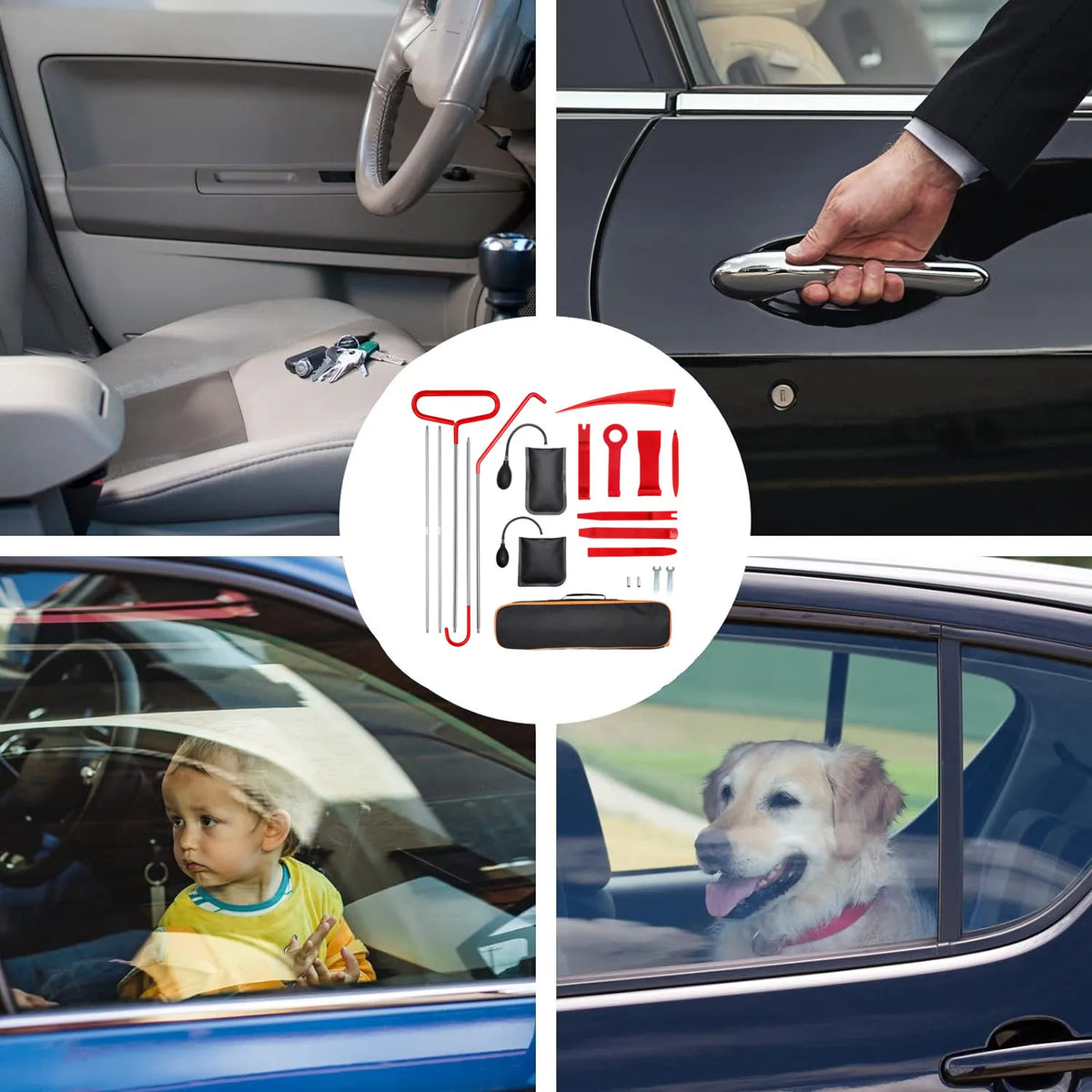 A collection of multi-purpose car door tools including a handle, pump, and various tools shown in context with a car interior