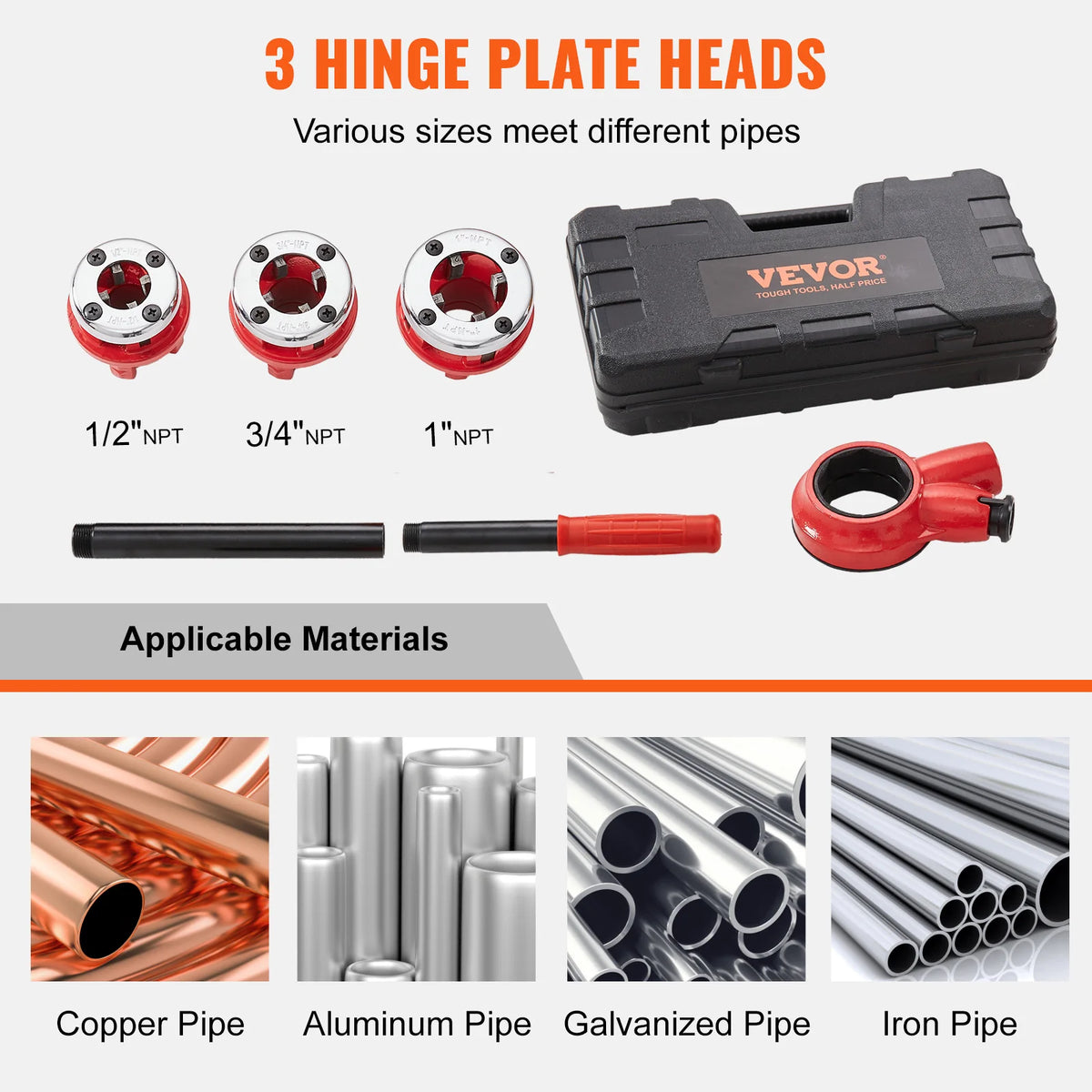 A set of three VEVOR hinge plate heads for threading various sized pipes, including copper, aluminum, galvanized, and iron.