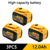 Three 12.0Ah lithium-ion batteries in yellow and black packaging.