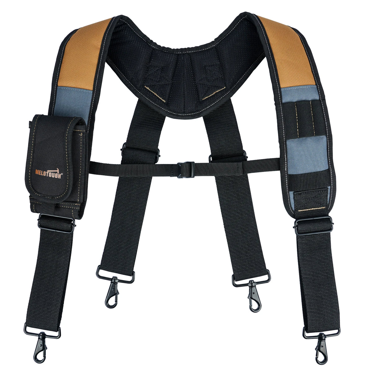 A black tool belt with tan and gray straps and buckles for holding tools.