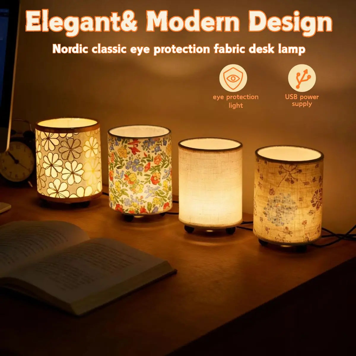 Elegant and modern Nordic classic eye protection fabric desk lamp with USB power supply