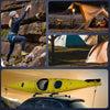 A collage showing a person climbing, people camping under a tent, and a yellow drone mounted on a vehicle.