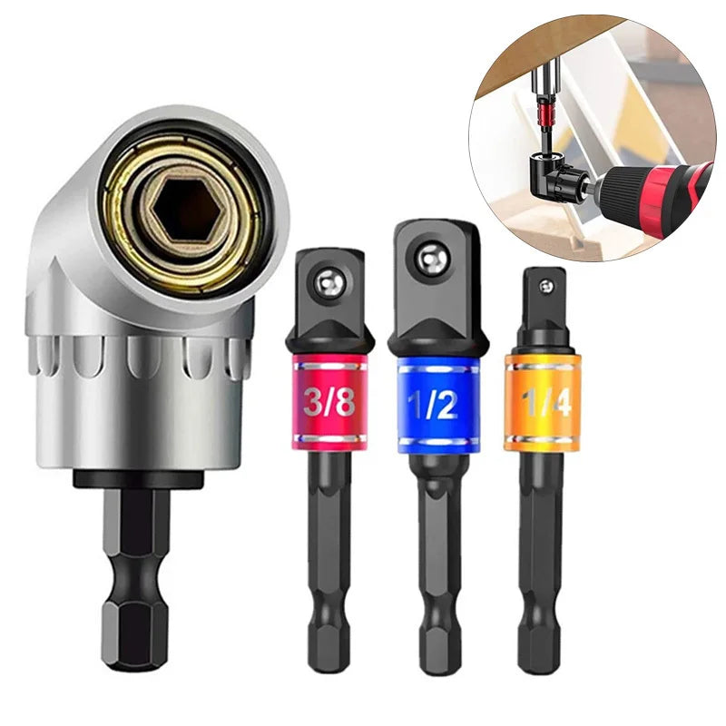 Set of impact socket adapters for drill and screwdriver showing various sizes including 3/8, 1/2, and 1/4 inch sockets