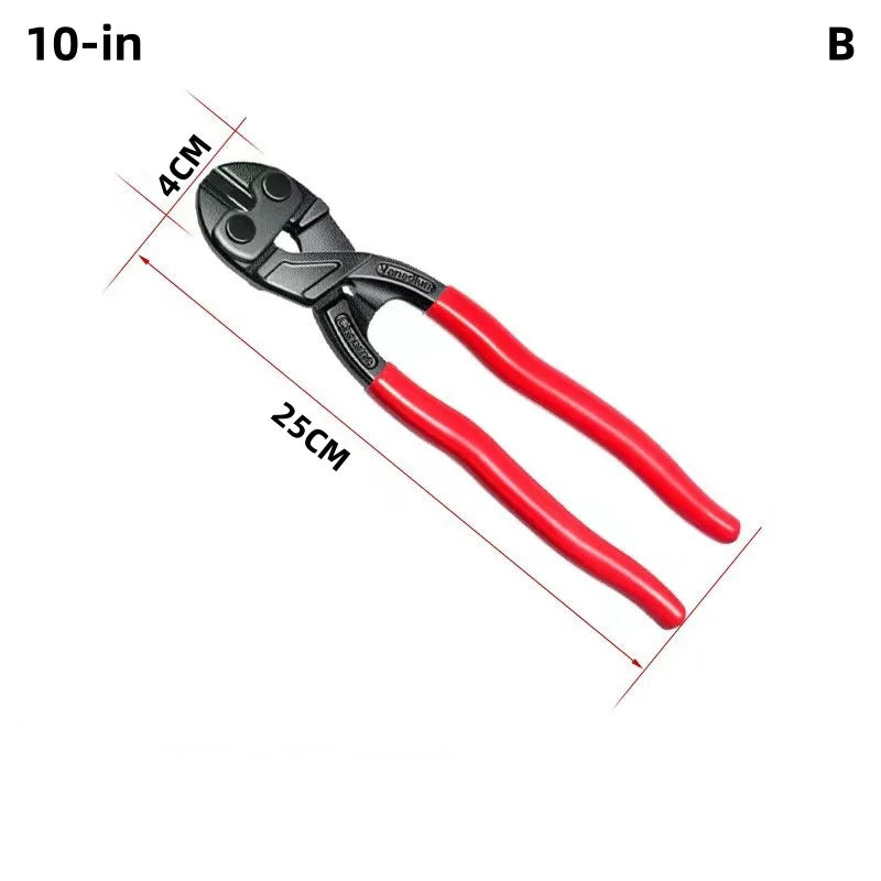 A heavy-duty bolt cutter with spring and notch, shown with dimension lines.