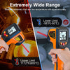 An orange digital infrared thermometer gun is shown measuring a surface, demonstrating its wide temperature range capability.