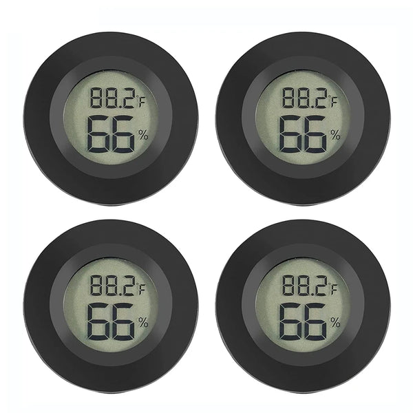 Four views of a black compact digital hygrometer thermometer displaying 66 degrees and 88.2 degrees Fahrenheit