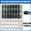 A variety pack of hex socket head cap screws and nuts in various sizes and lengths.