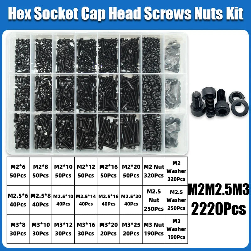 A variety pack of hex socket head cap screws and nuts in various sizes and lengths.