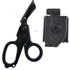 A pair of black tactical folding rescue scissors shown against a white background.