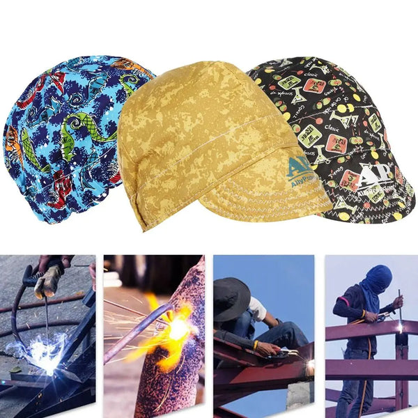 A yellow durable welding and work cap shown in various angles for protection.