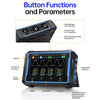 A black digital device showing button functions and parameters, including an oscilloscope interface, signal generator output 