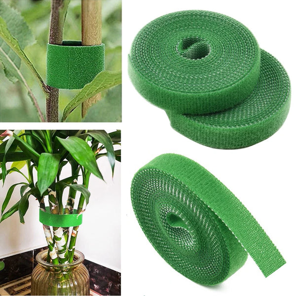Green natural nylon garden twine plant ties shown as a roll and a stretched tie on a plant.