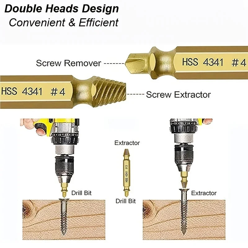 A set of double-headed screw extractors and drill bits used for removing damaged or stripped screws from materials.