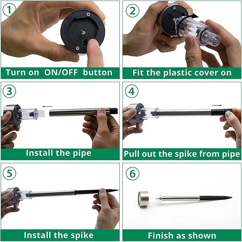 Step-by-step instructions showing how to assemble and install a solar powered outdoor pathway light.