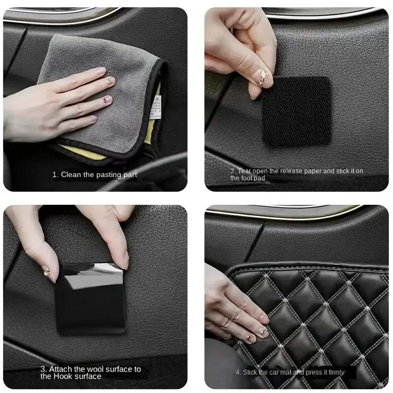 Instructions showing how to attach wool surface to hook surface using double-sided tape on a car seat.