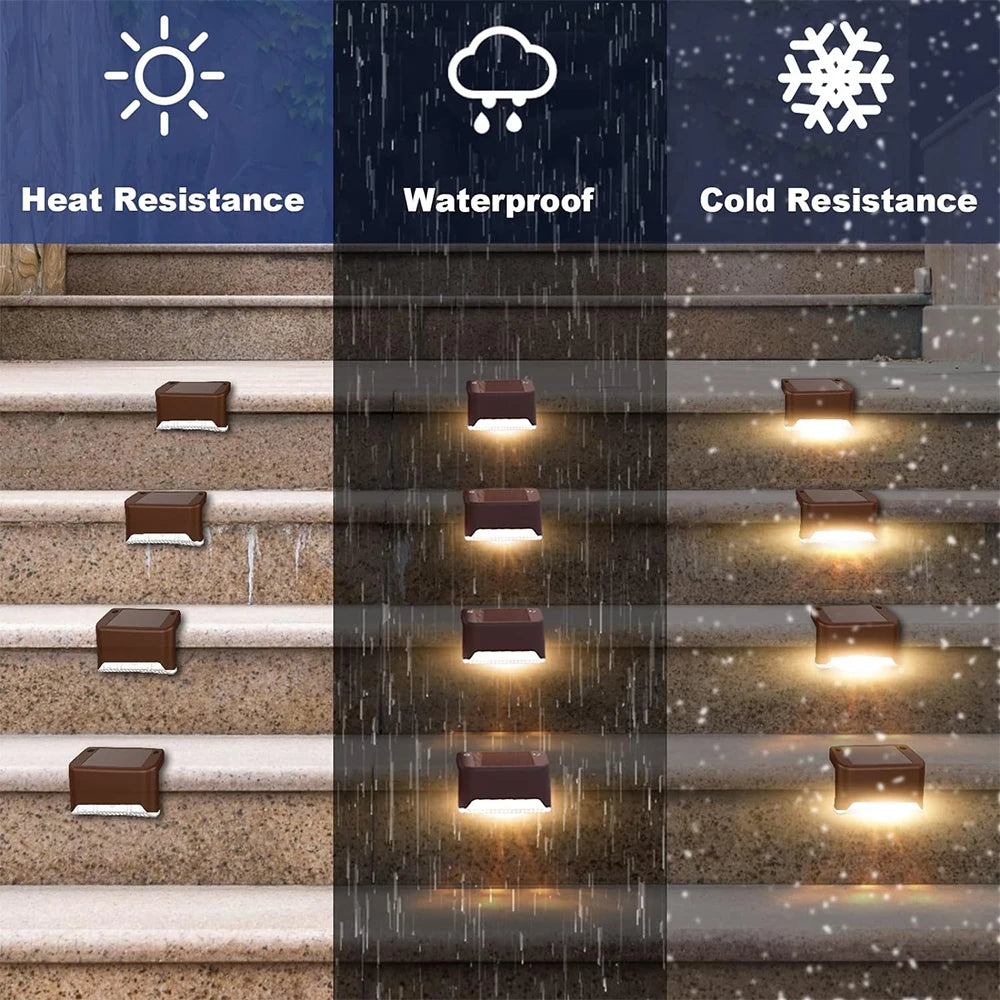 A set of solar LED step lights illuminating outdoor paths, demonstrating heat resistance, waterproof features, and cold resis