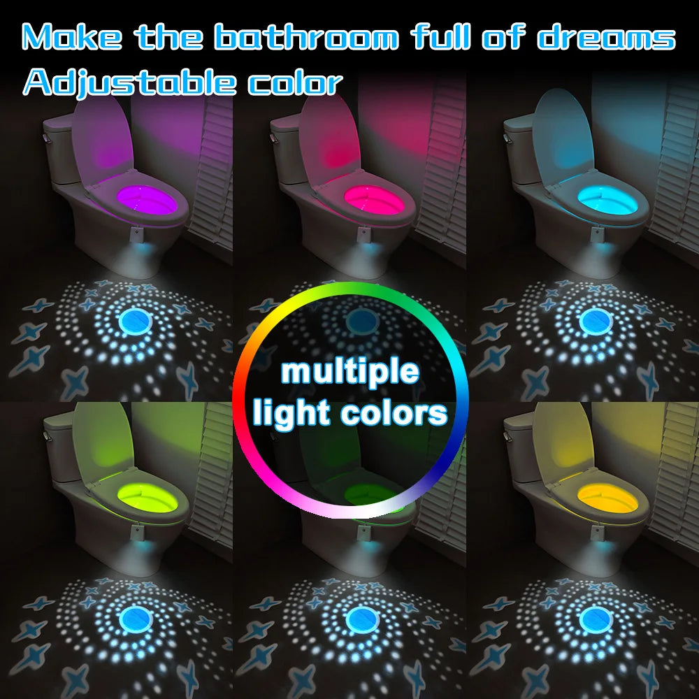 A motion sensor night light for a toilet seat with adjustable light colors.