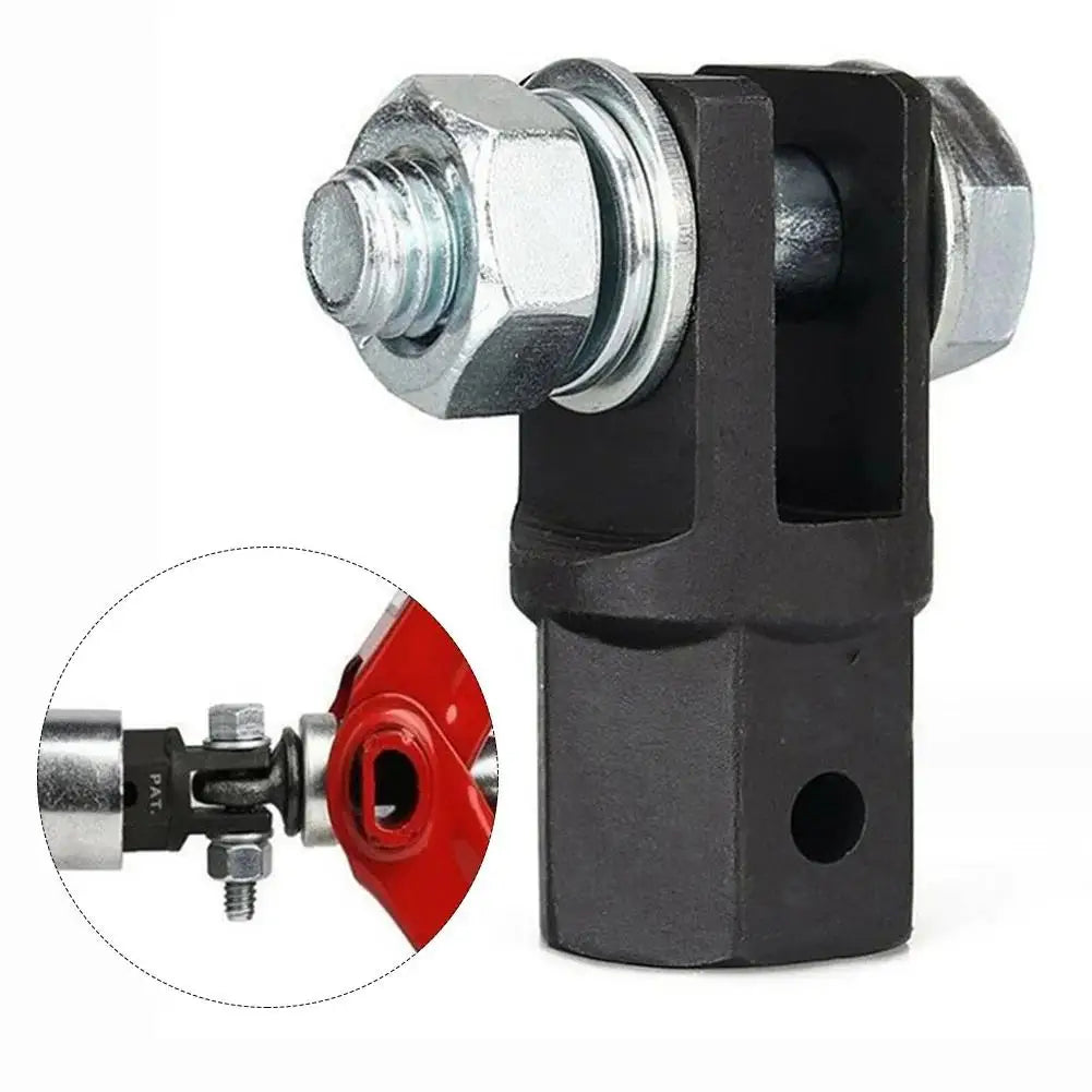 Chrome vanadium steel scissor jack adapter with a black mounting bracket and red connector.