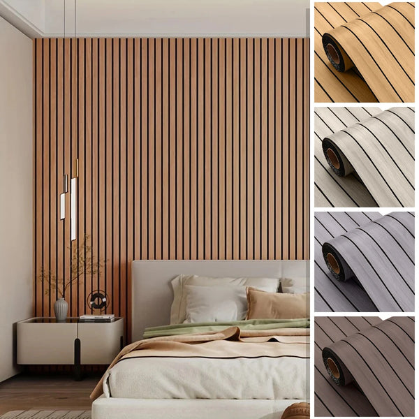 Schlafzimmer mit Holzlatten-Kopfteil und Bettwäsche, Nahaufnahmen der vertikalen Holzverkleidung.