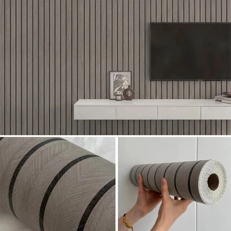 A close-up view of thick wood grain self-adhesive wall decals in gray and white stripes.