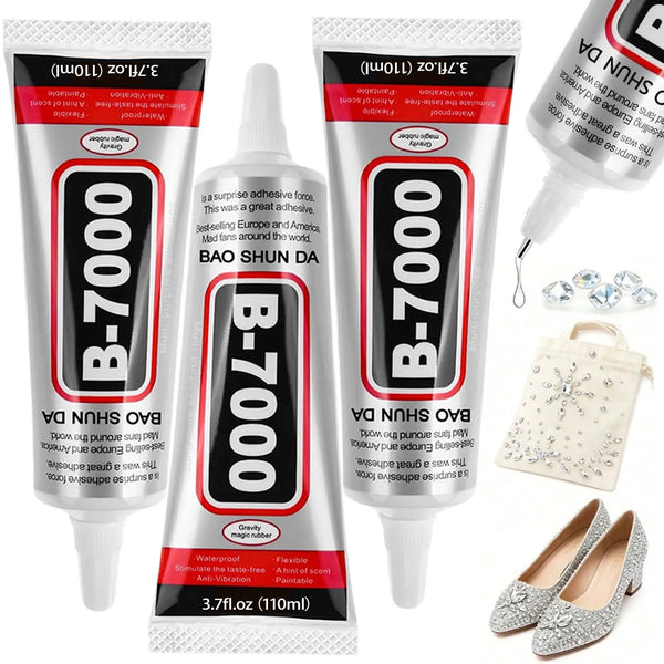A set of B-7000 craft adhesive glue tubes and a clear semi-fluid glue bottle.