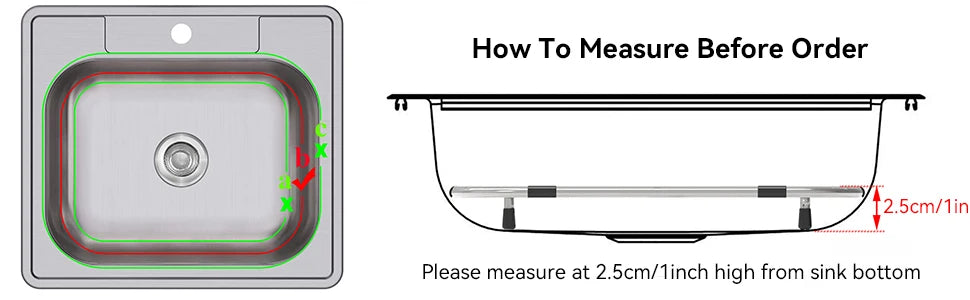 Diagram showing how to measure the depth of a sink using a grid and a ruler.