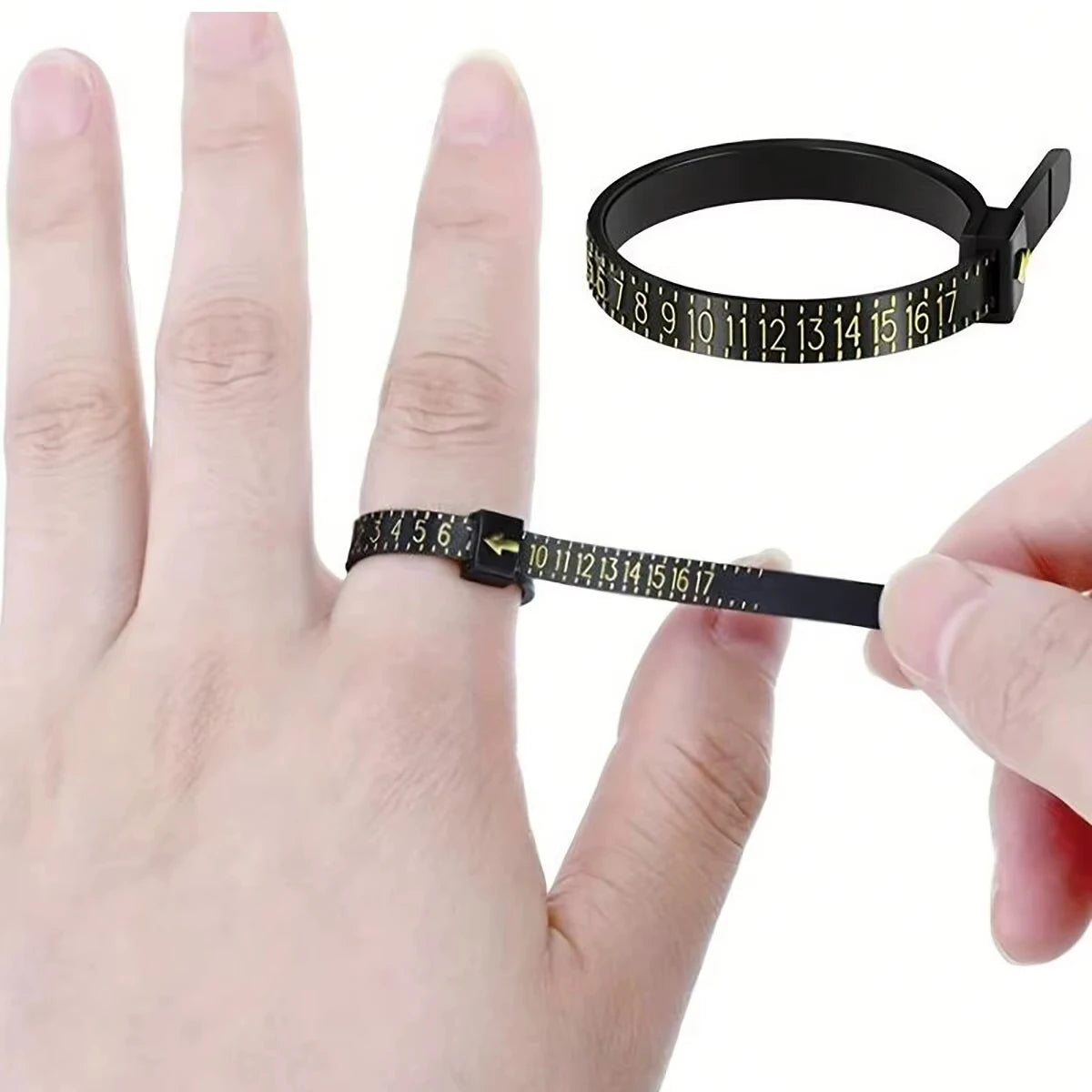 A black accurate finger ring sizer is shown being used to measure a finger.