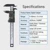 A black digital caliper tool with a scale and jaws is shown next to its specifications list.