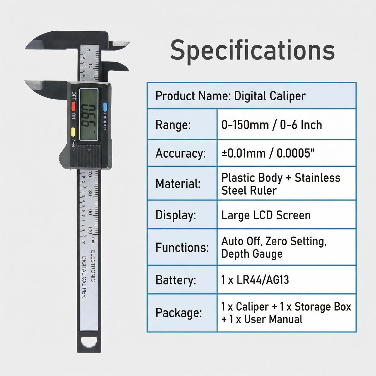 A black digital caliper tool with a scale and jaws is shown next to its specifications list.